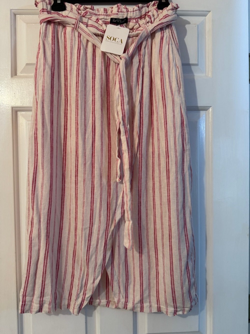 NWT Velvet Heart Pink Stripe Linen Blend Paperbag Tie-Waist Skirt Soca Boutique